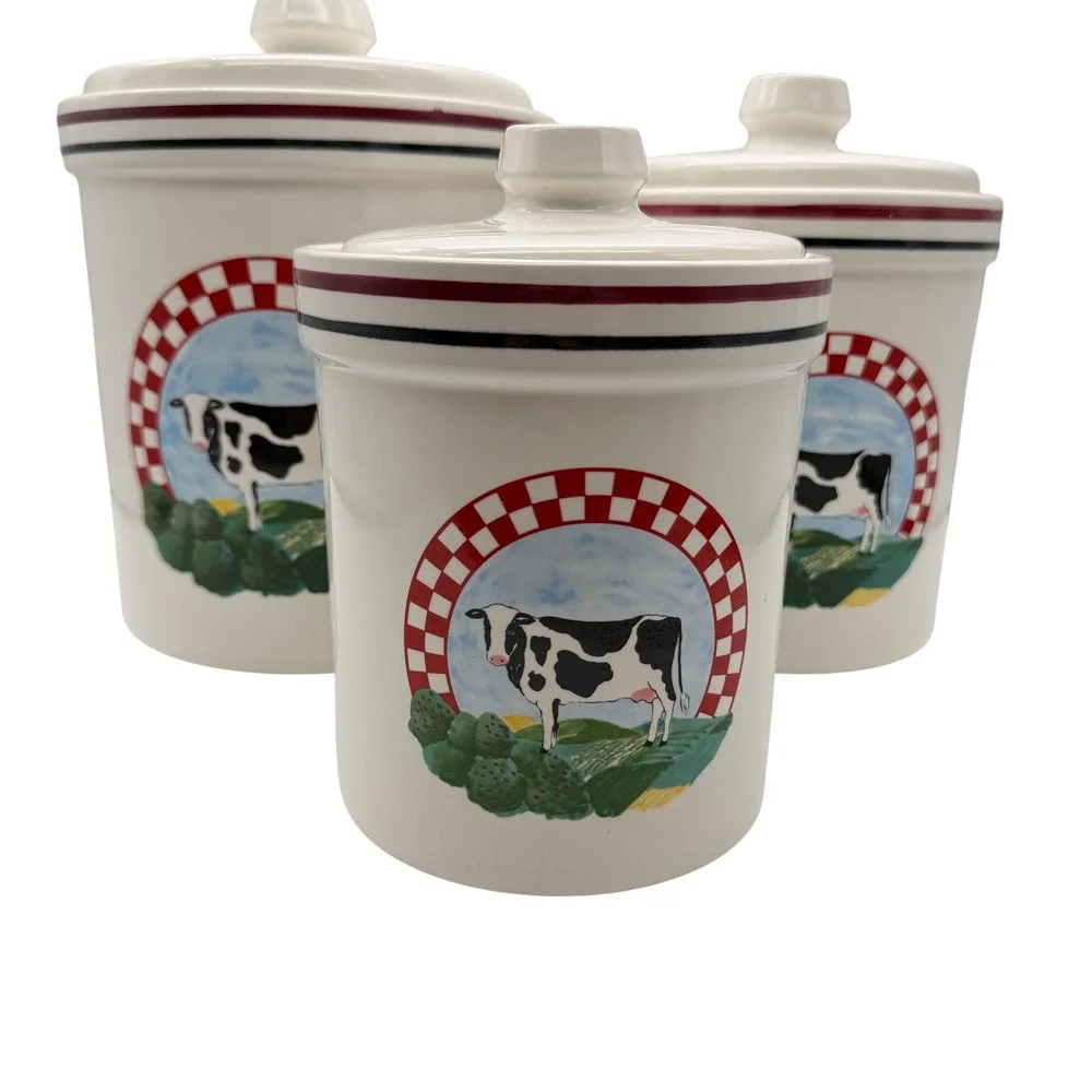 Vintage Frannys Farm Century Japan Cow kitchen canister set 3 Crocks